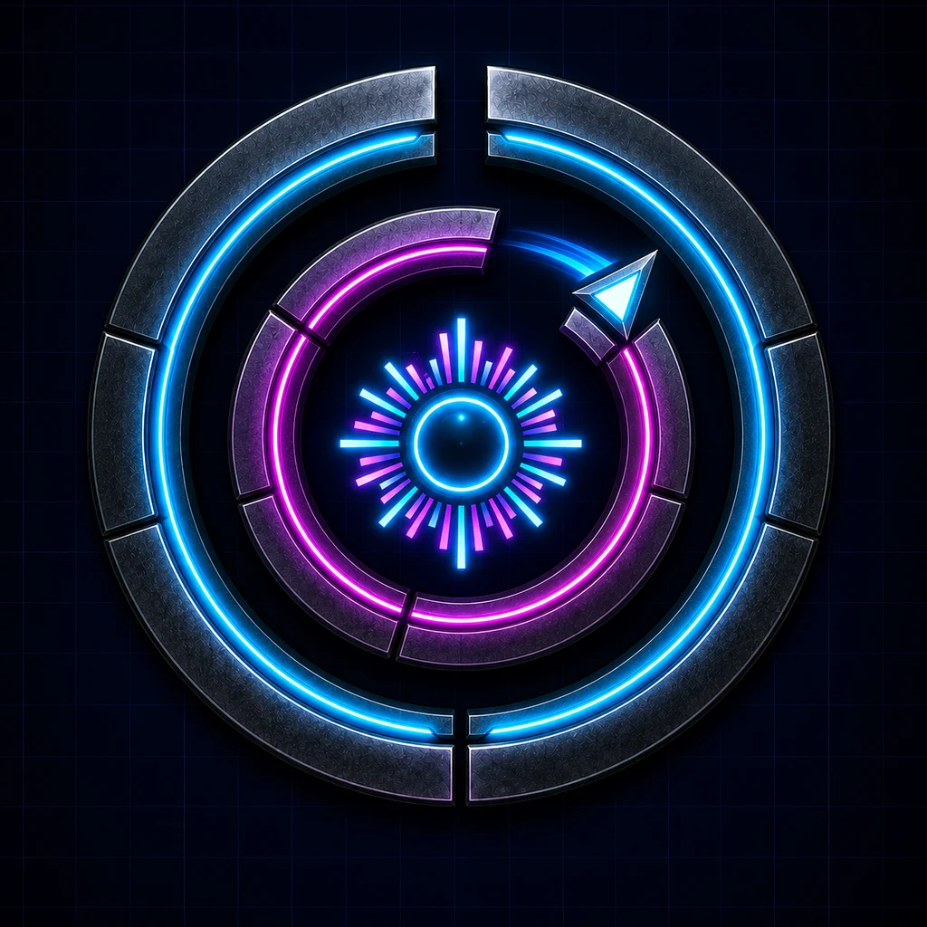 Accelerando artwork: a cyan ship circles a glowing core through openings in neon rings.